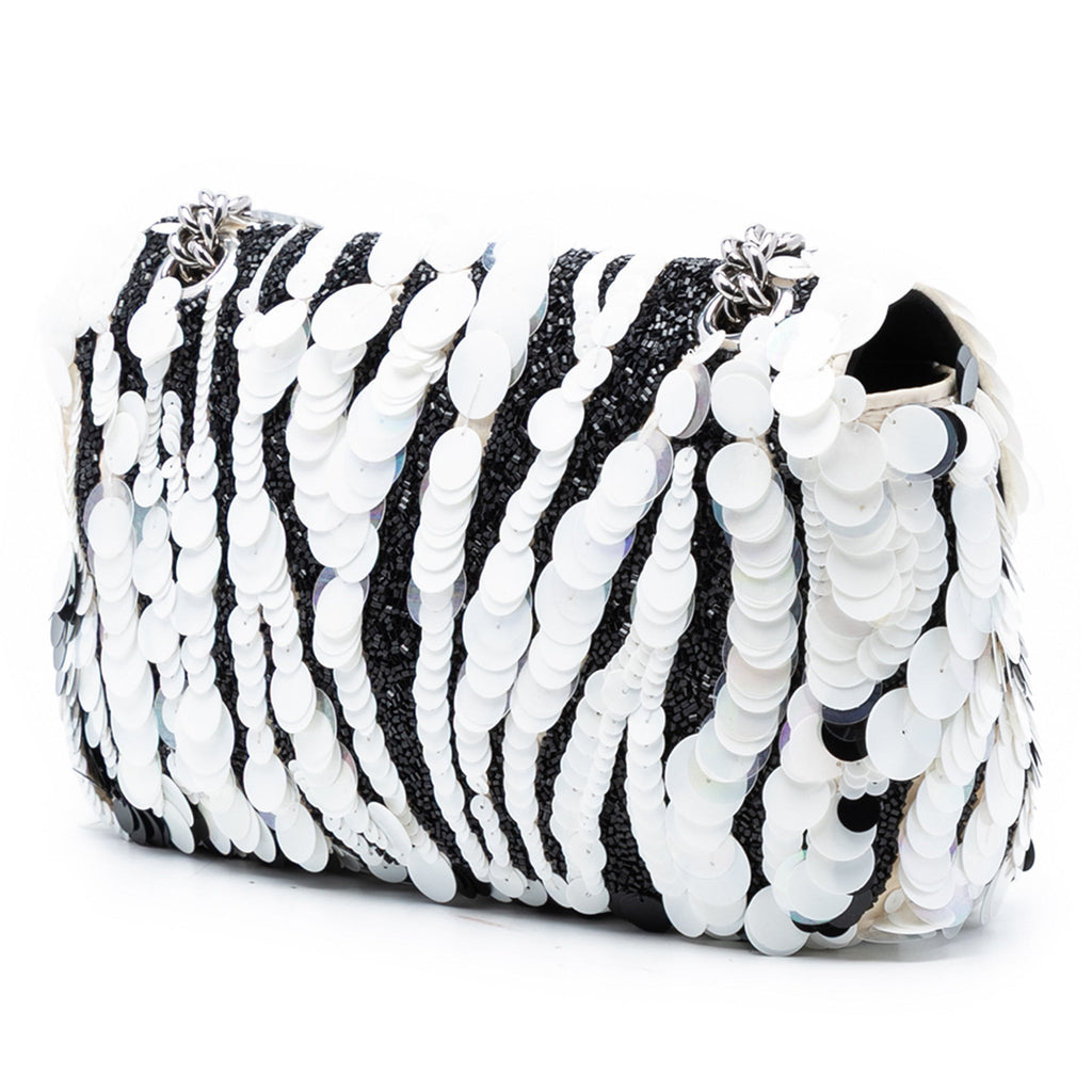 Second hand Gucci GG Marmont Small Leather & Sequin Flap Shoulder Bag Black & White - Tabita Bags