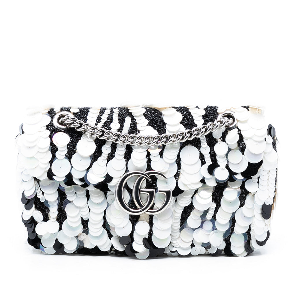 Second hand Gucci GG Marmont Small Leather & Sequin Flap Shoulder Bag Black & White - Tabita Bags