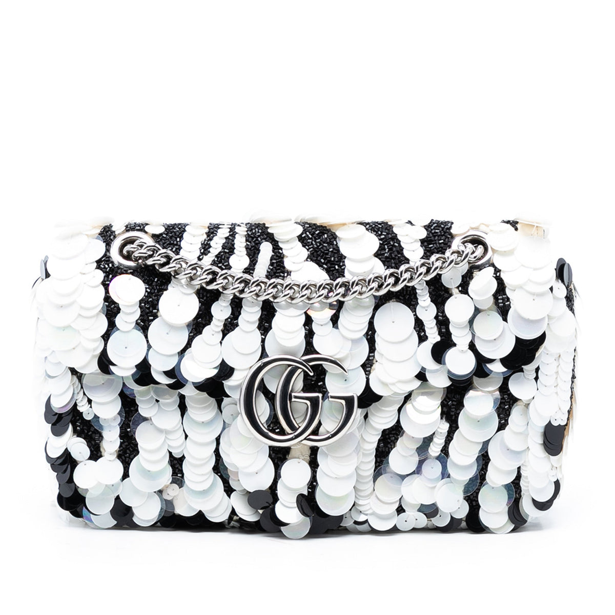 Second hand Gucci GG Marmont Small Leather & Sequin Flap Shoulder Bag Black & White - Tabita Bags