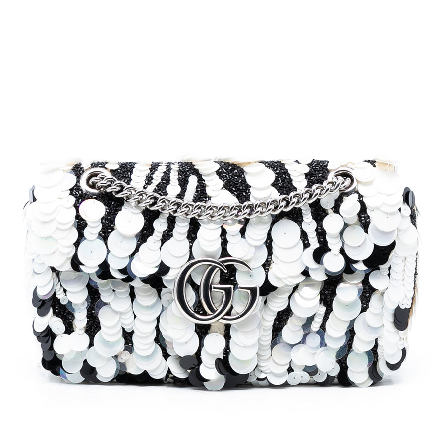 Second hand Gucci GG Marmont Small Leather & Sequin Flap Shoulder Bag Black & White - Tabita Bags