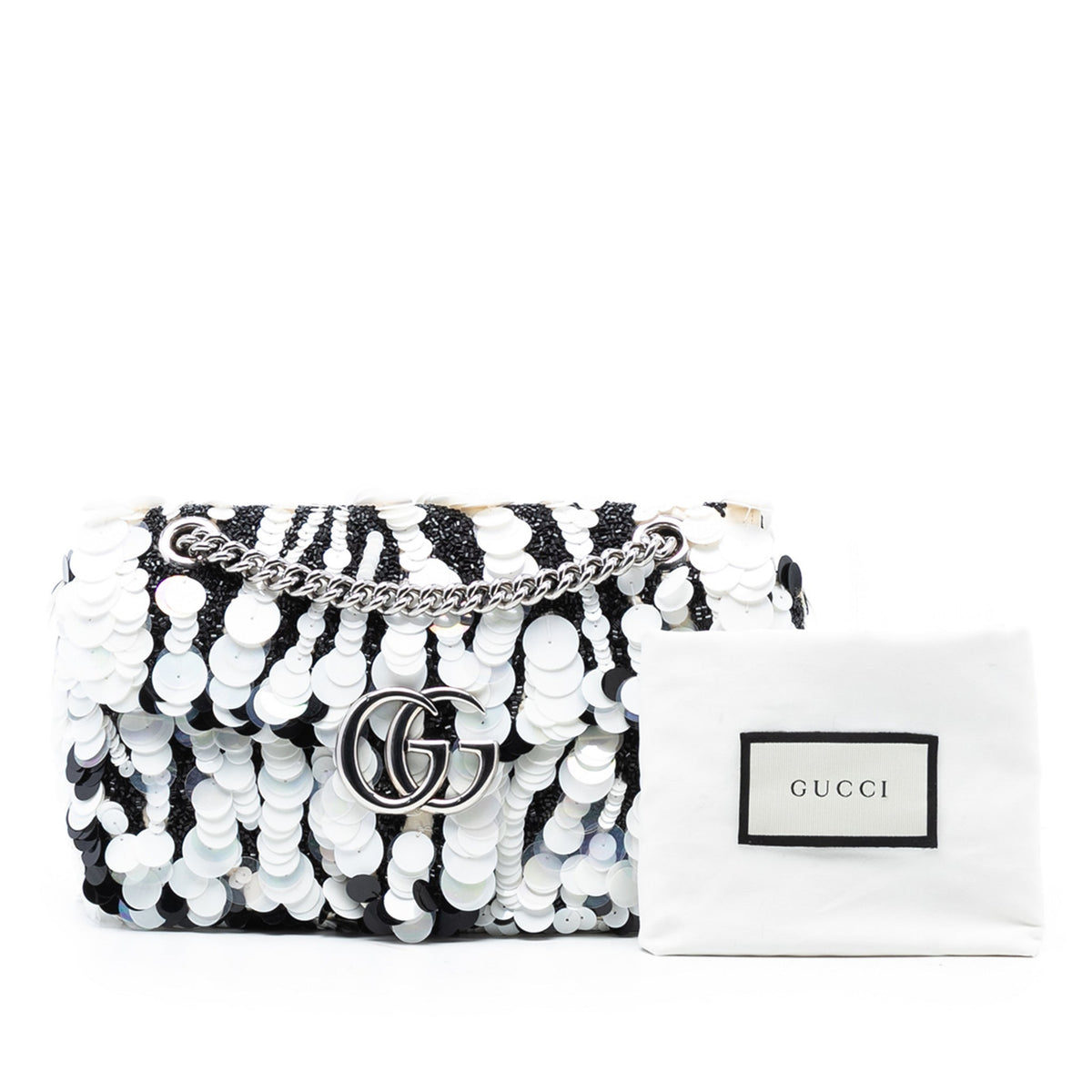 Second hand Gucci GG Marmont Small Leather & Sequin Flap Shoulder Bag Black & White - Tabita Bags