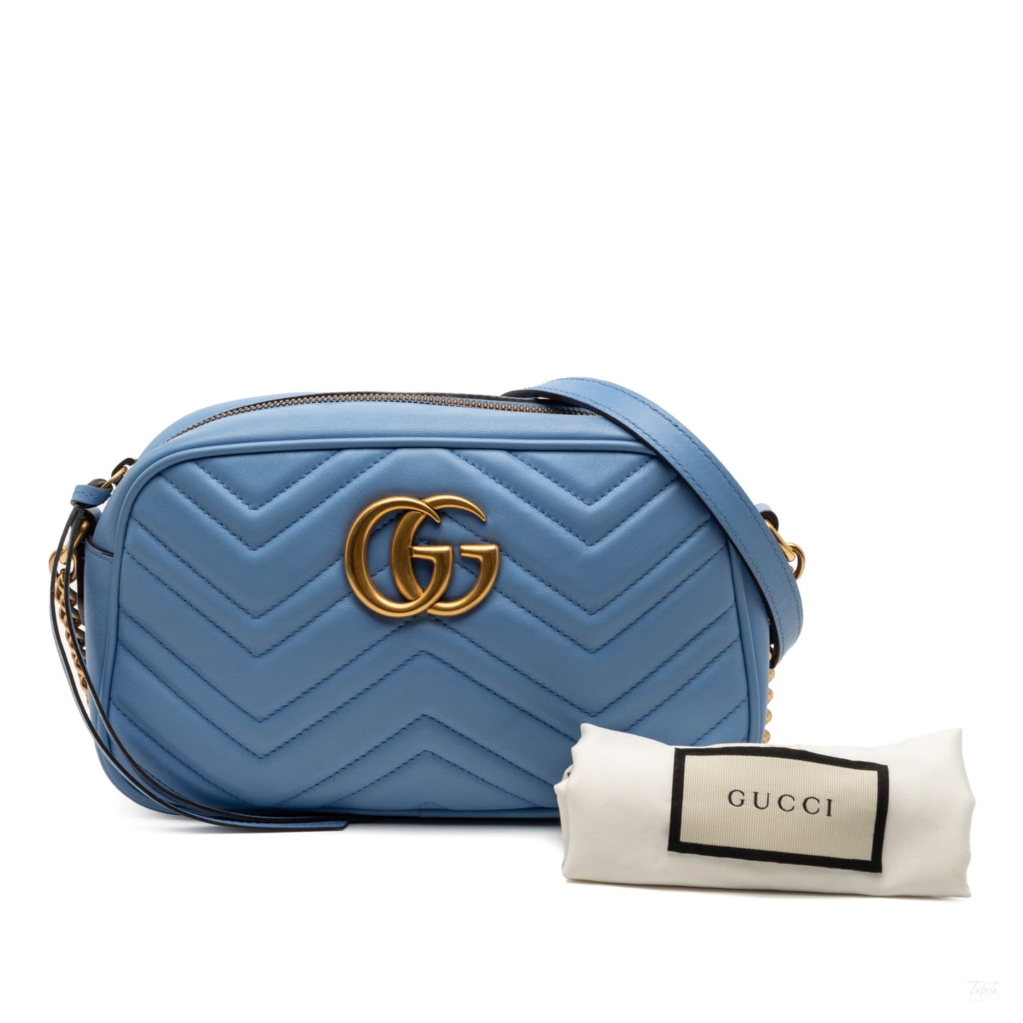 Second hand Gucci GG Marmont Small Matelassé Leather Camera Bag Blue - Tabita Bags
