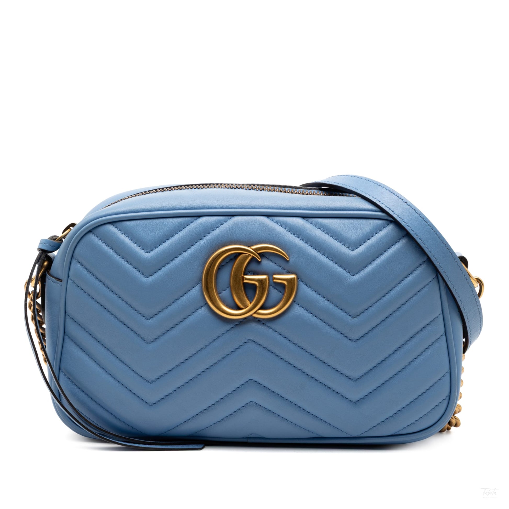 Second hand Gucci GG Marmont Small Matelassé Leather Camera Bag Blue - Tabita Bags