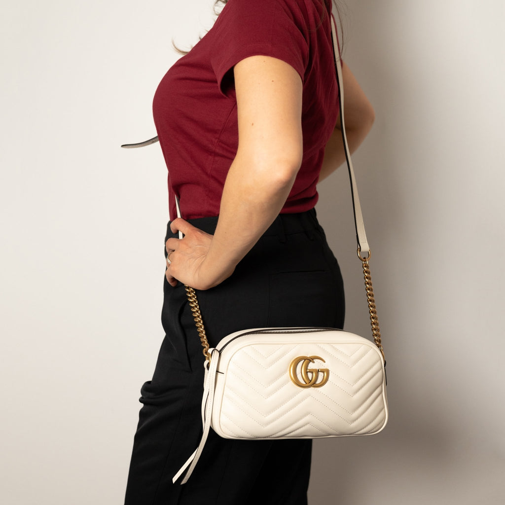 Second hand Gucci GG Marmont Small Matelassé Leather Camera Bag Off - White - Tabita Bags