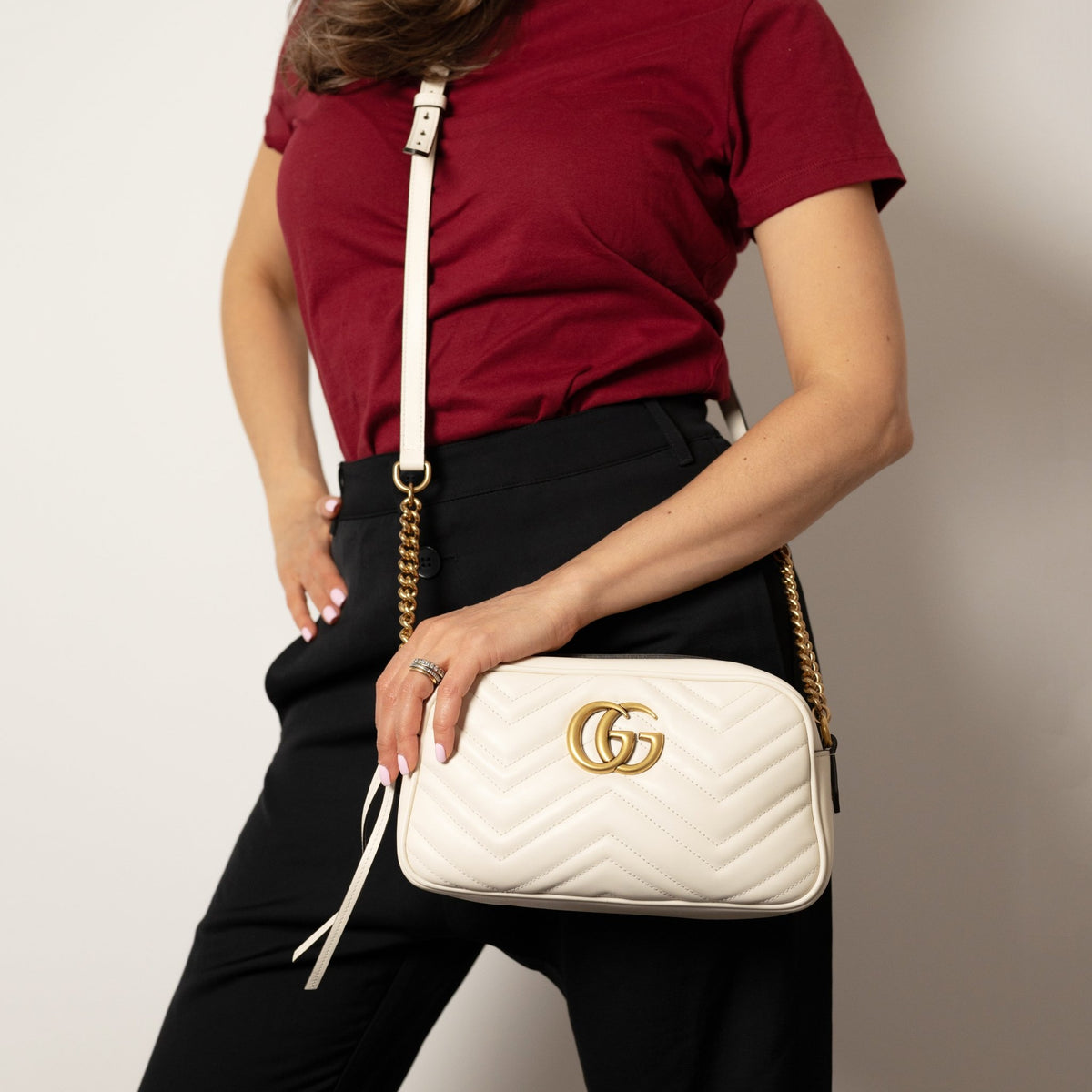 Second hand Gucci GG Marmont Small Matelassé Leather Camera Bag Off - White - Tabita Bags