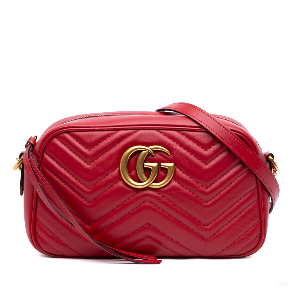 Second hand Gucci GG Marmont Small Matelassé Leather Camera Bag Red - Tabita Bags