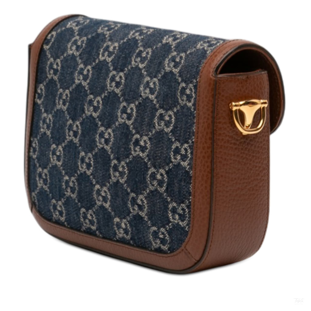 Second hand Gucci Horsebit 1955 Small Denim GG Messenger Shoulder Bag Blue - Tabita Bags
