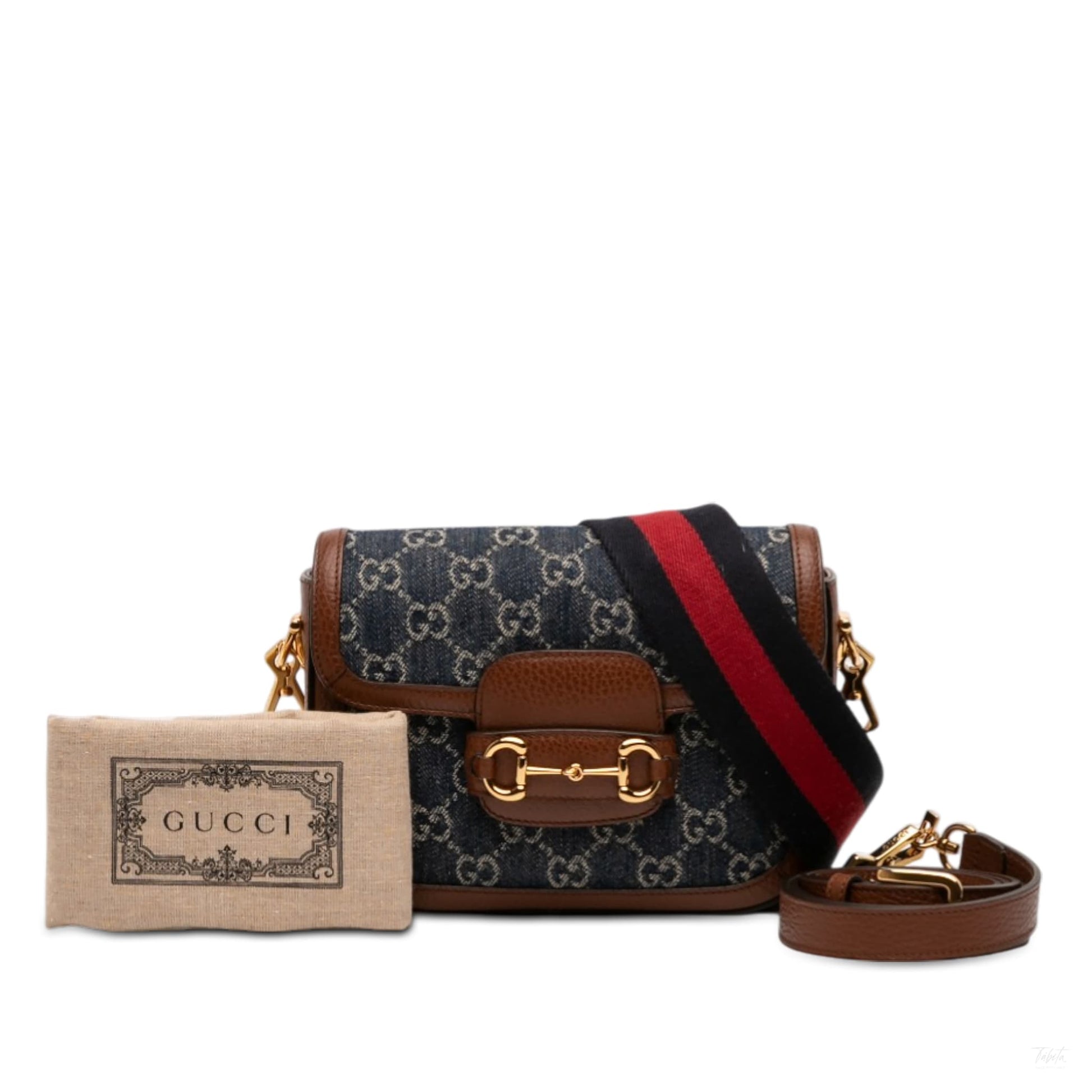 Second hand Gucci Horsebit 1955 Small Denim GG Messenger Shoulder Bag Blue - Tabita Bags