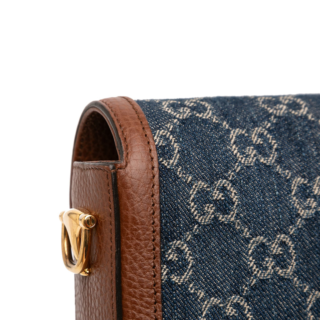 Second hand Gucci Horsebit 1955 Small Denim GG Messenger Shoulder Bag Blue - Tabita Bags