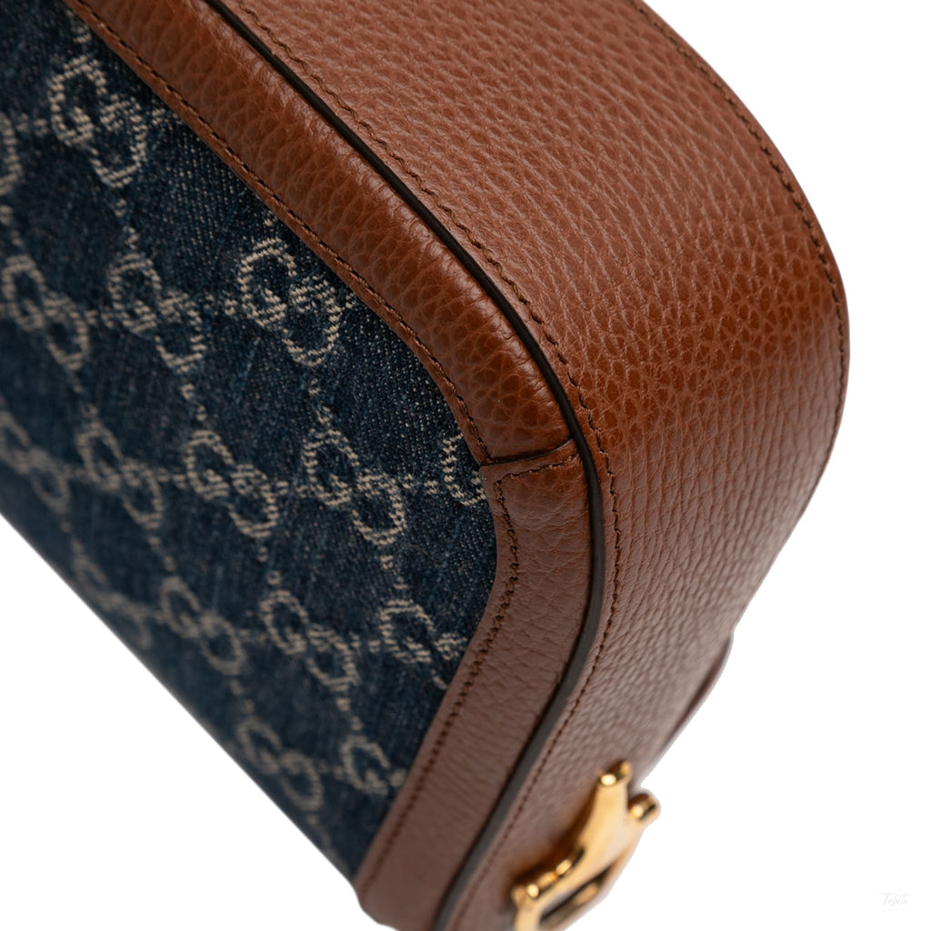 Second hand Gucci Horsebit 1955 Small Denim GG Messenger Shoulder Bag Blue - Tabita Bags