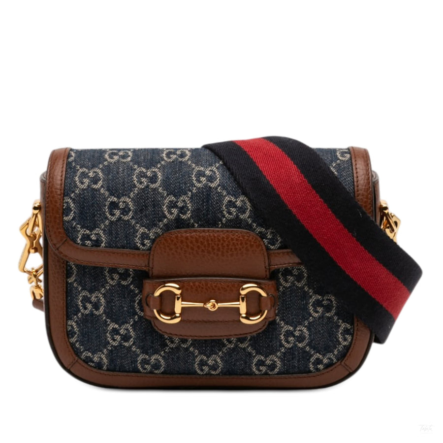 Second hand Gucci Horsebit 1955 Small Denim GG Messenger Shoulder Bag Blue - Tabita Bags