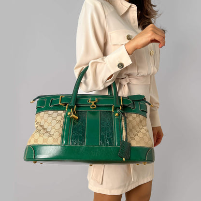 Second hand Gucci Horsebit Britt Boston Large Canvas Bowler Handbag GG Supreme - Tabita Bags