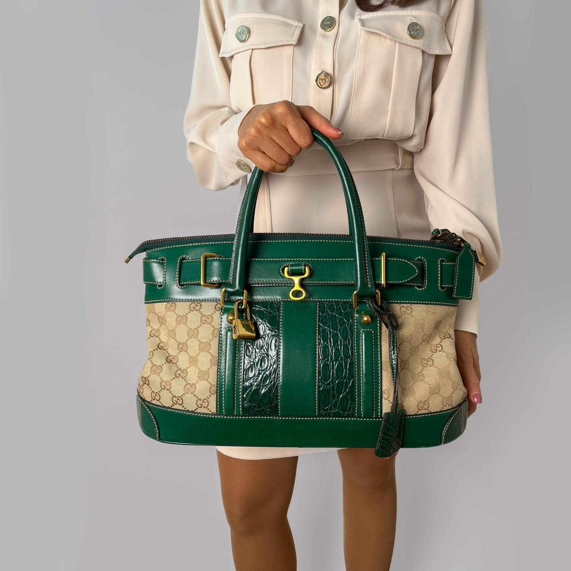 Second hand Gucci Horsebit Britt Boston Large Canvas Bowler Handbag GG Supreme - Tabita Bags