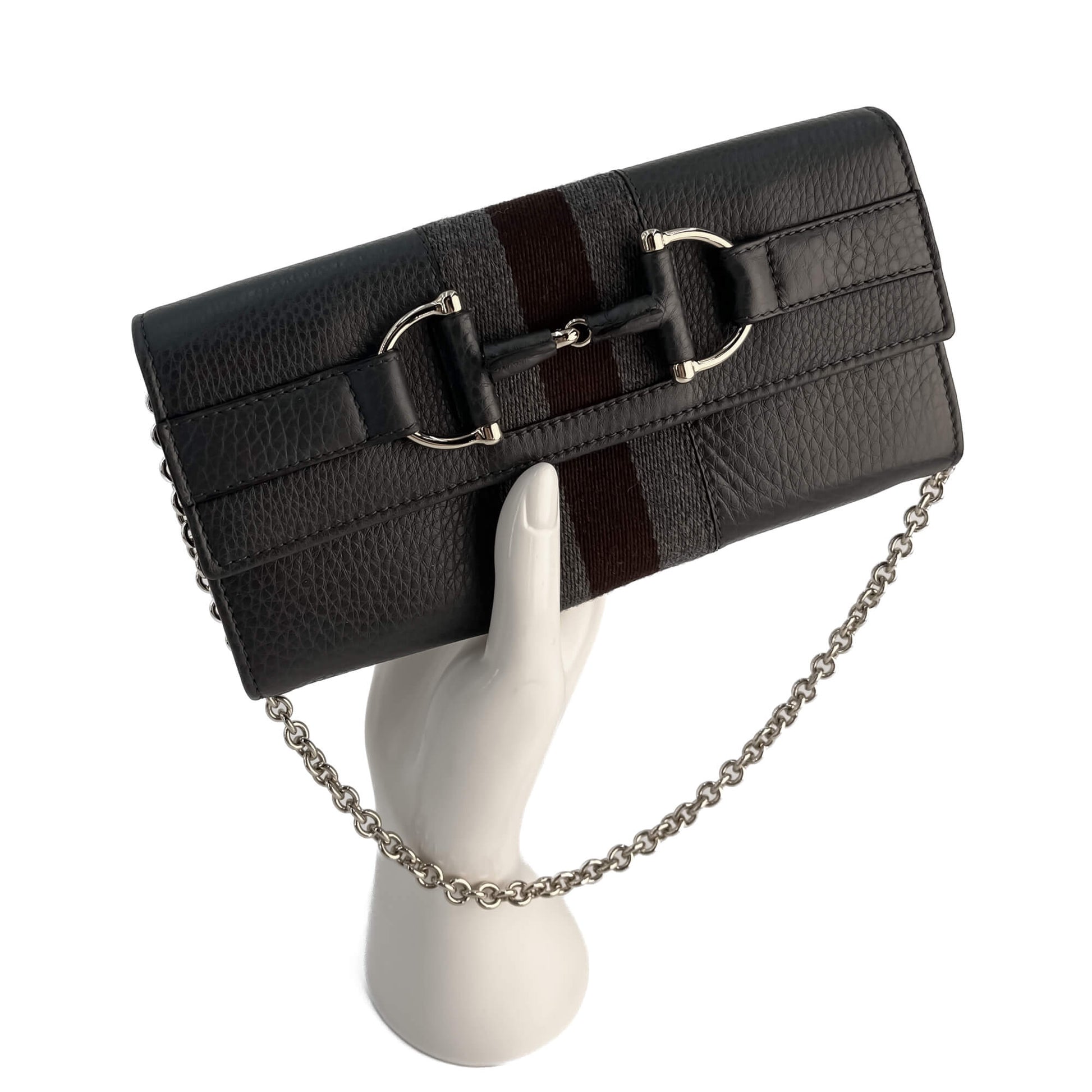 Second hand Gucci Horsebit Web Leather Wallet on Chain Handbag Grey - Tabita Bags