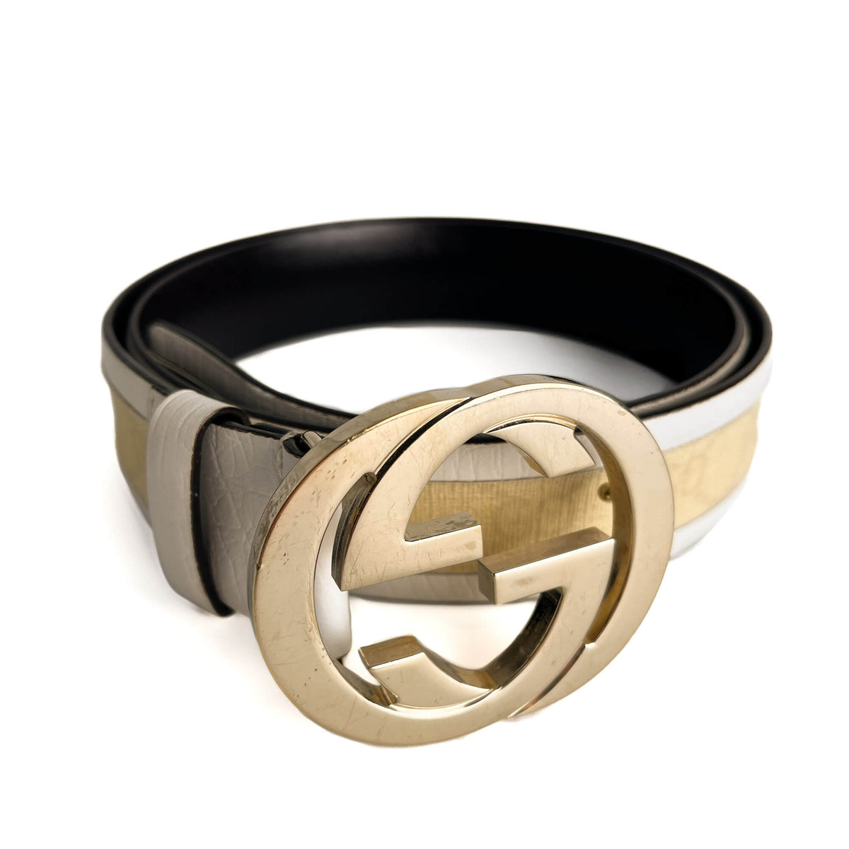 Second hand Gucci Interlocking GG Leather Wide Belt 90/36 Off - White - Tabita Bags