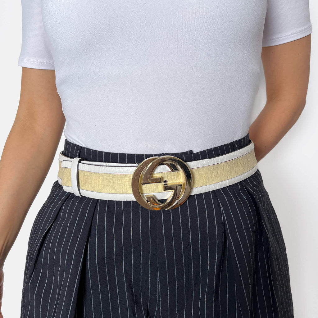 Second hand Gucci Interlocking GG Leather Wide Belt 90/36 Off - White - Tabita Bags