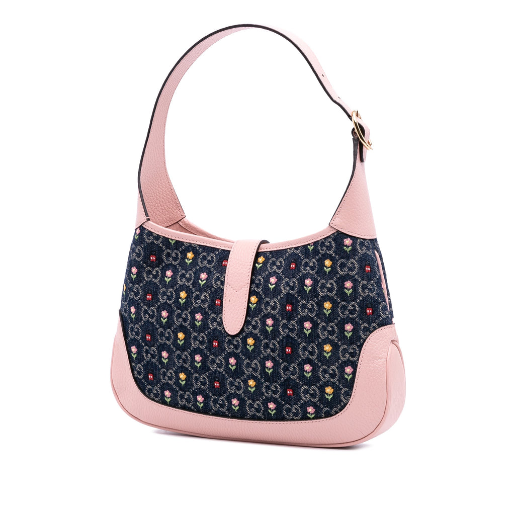 Second hand Gucci Jackie 1961 Medium Canvas Floral Hobo Shoulder Bag Blue - Tabita Bags