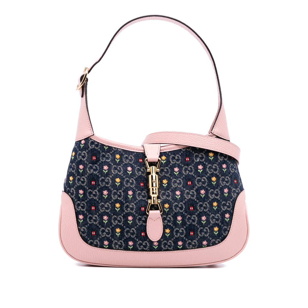 Second hand Gucci Jackie 1961 Medium Canvas Floral Hobo Shoulder Bag Blue - Tabita Bags