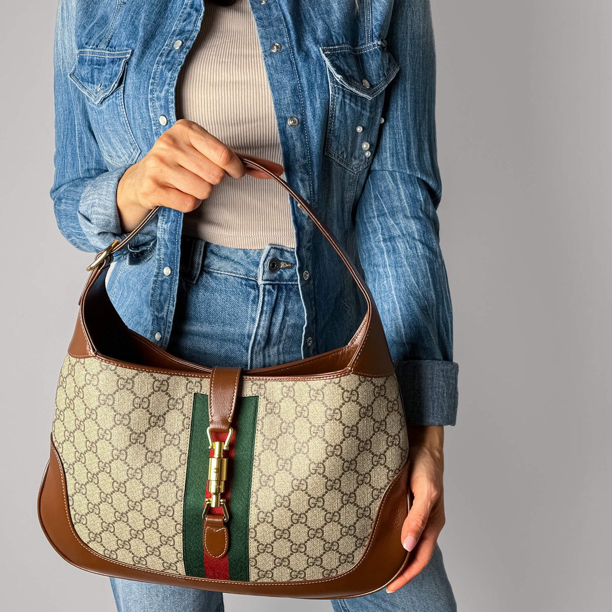 Second hand Gucci Jackie 1961 Medium Striped Canvas Hobo Shoulder Bag GG Supreme - Tabita Bags