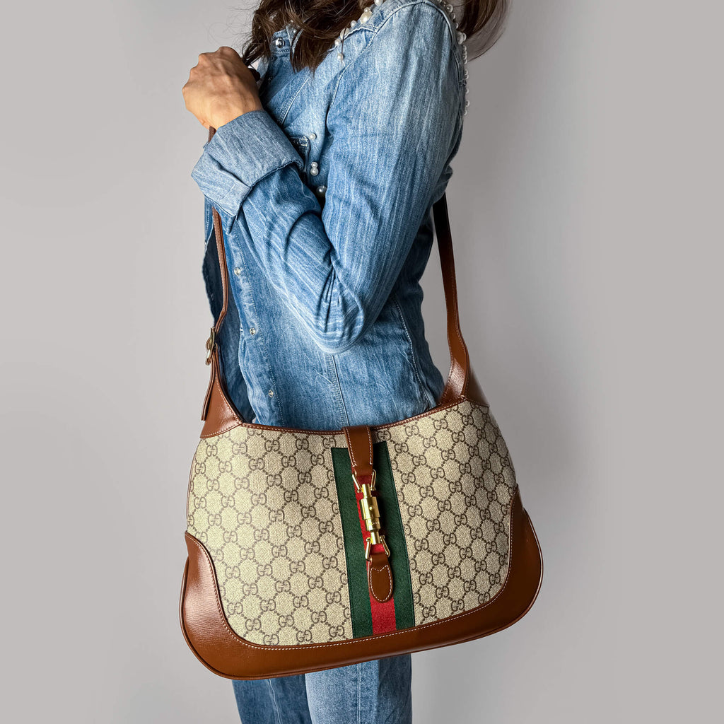 Second hand Gucci Jackie 1961 Medium Striped Canvas Hobo Shoulder Bag GG Supreme - Tabita Bags