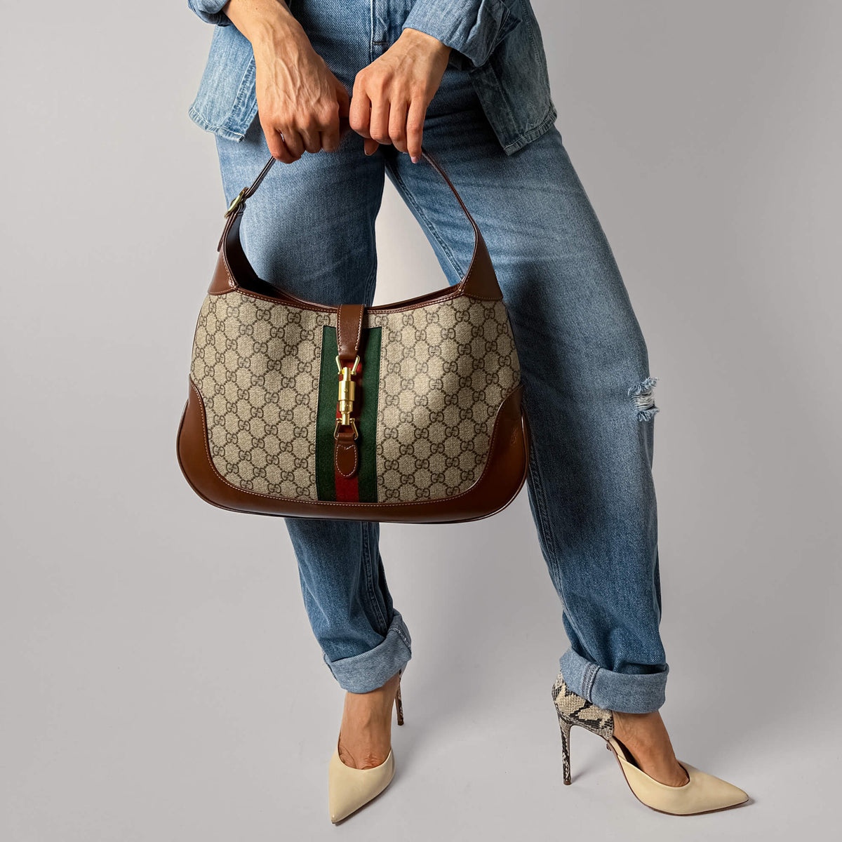 Second hand Gucci Jackie 1961 Medium Striped Canvas Hobo Shoulder Bag GG Supreme - Tabita Bags