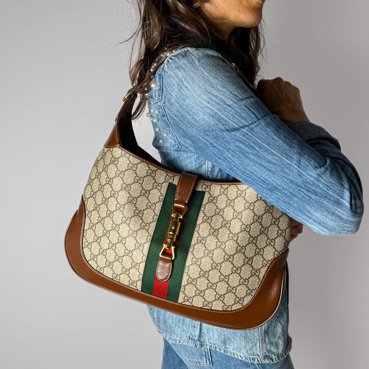 Second hand Gucci Jackie 1961 Medium Striped Canvas Hobo Shoulder Bag GG Supreme - Tabita Bags