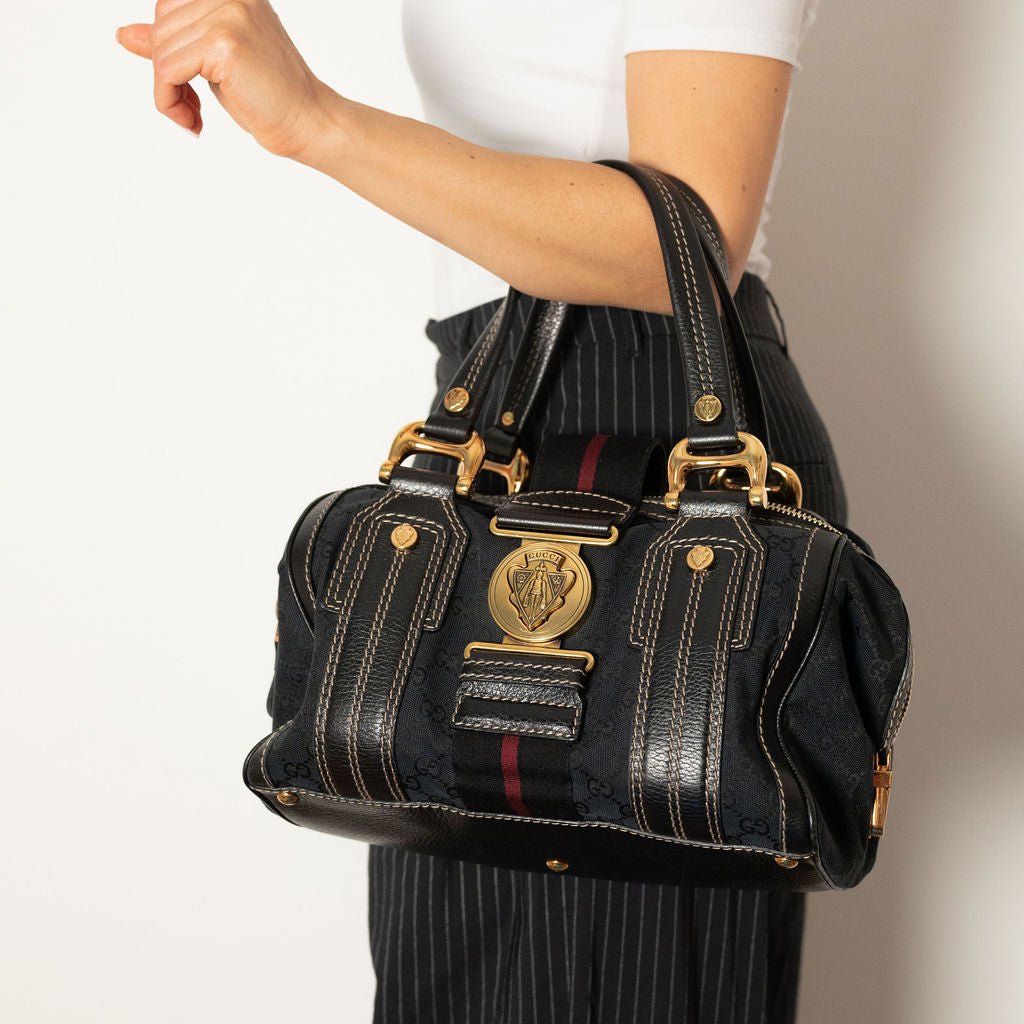 Second hand Gucci Ophidia Boston Small Aviatrix Guccissima Canvas Trunk Handbag Black - Tabita Bags