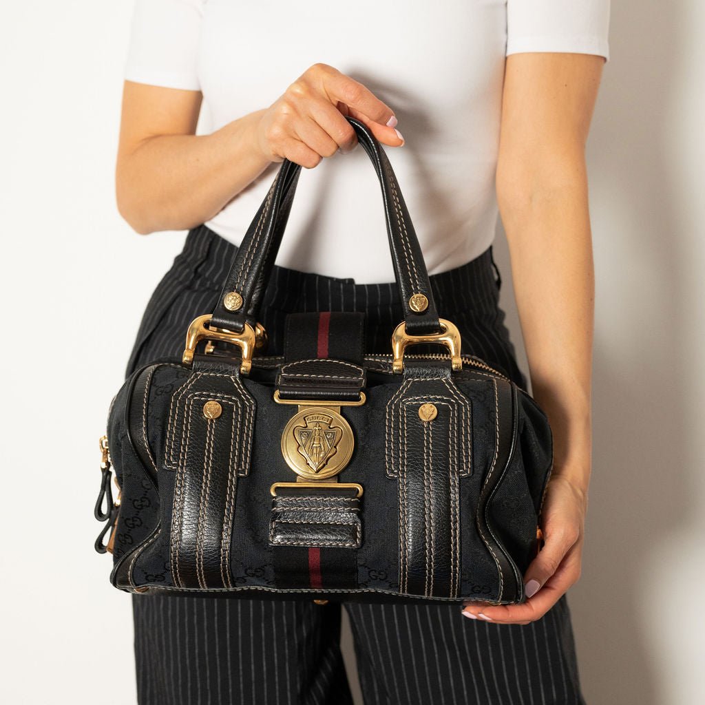 Second hand Gucci Ophidia Boston Small Aviatrix Guccissima Canvas Trunk Handbag Black - Tabita Bags