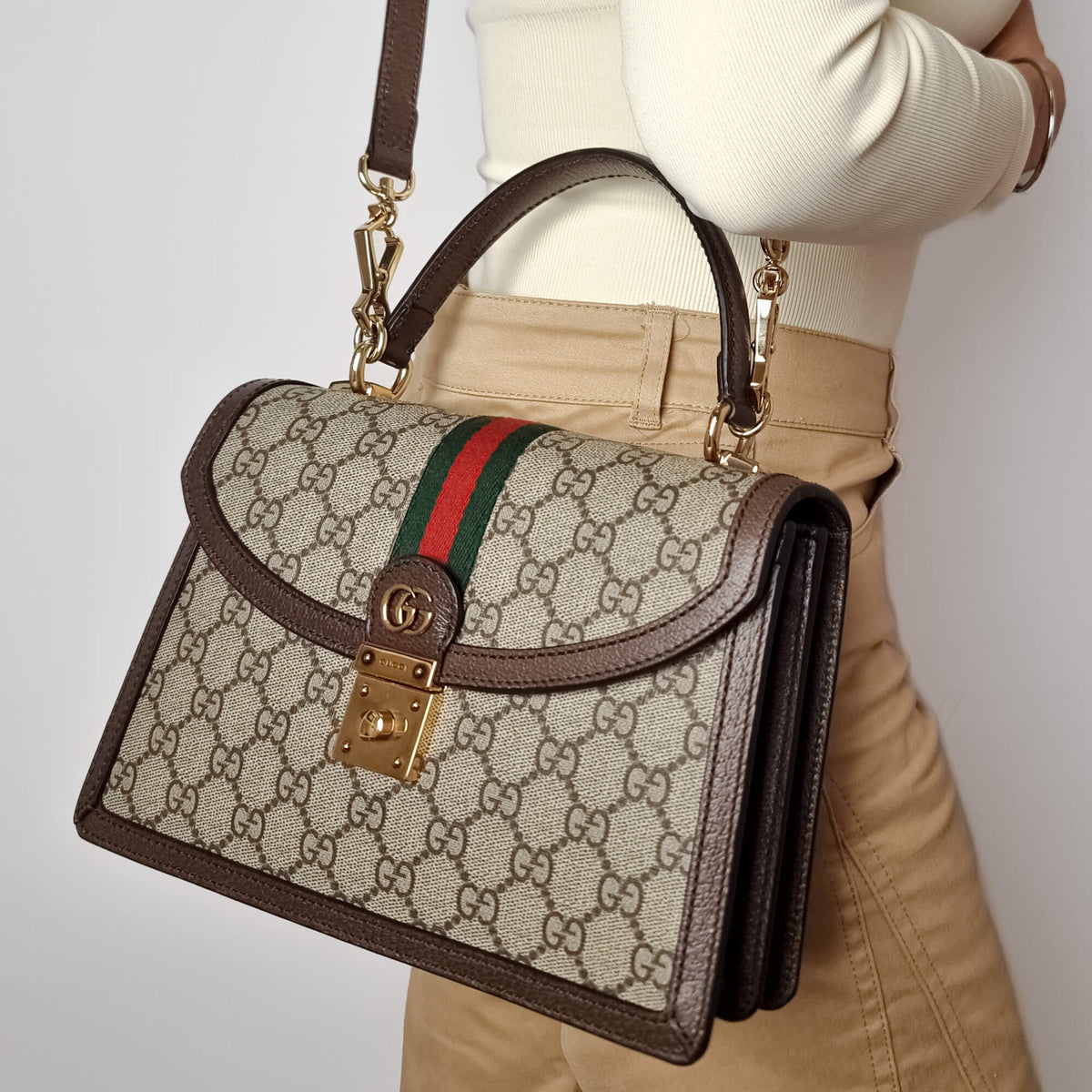 Second hand Gucci Ophidia GG Small Striped Canvas 2 - Ways Top - handle Handbag GG Supreme - Tabita Bags