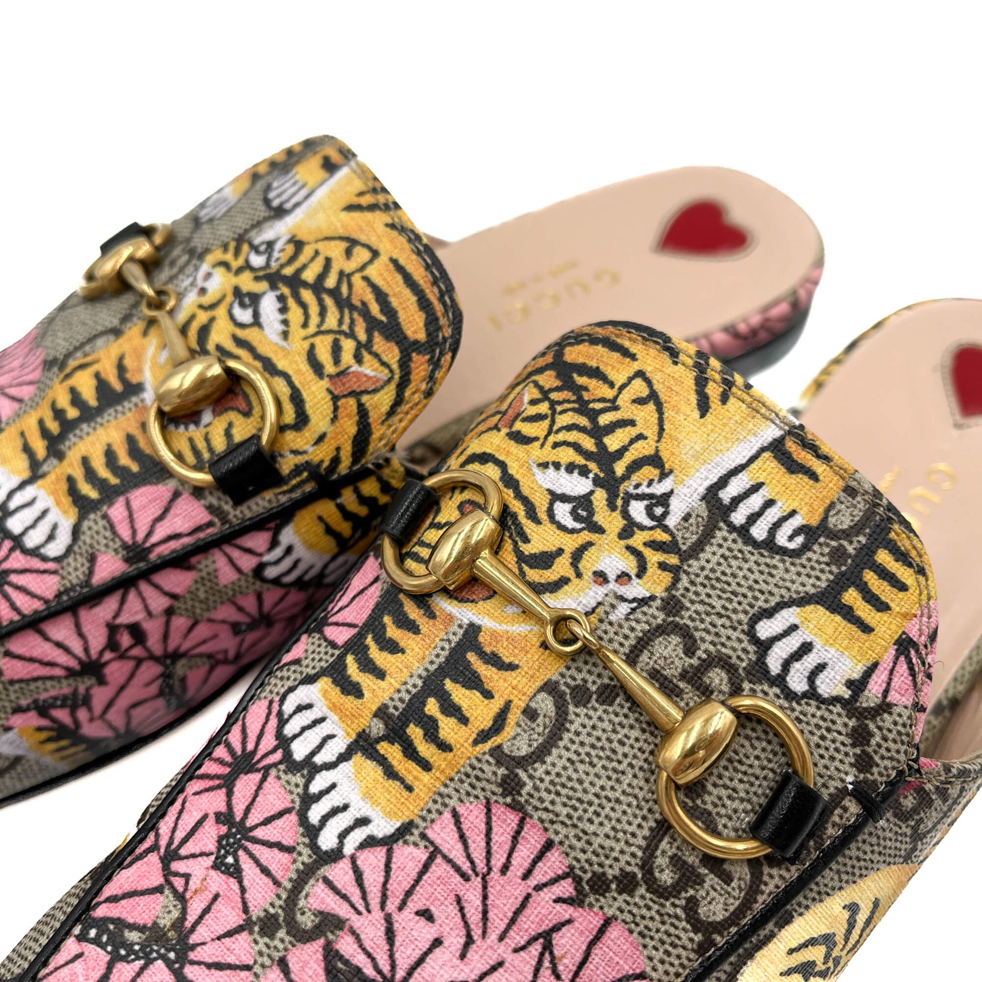 Gucci Princetown Canvas Flat Slippers 38 GG Supreme Tiger Floral