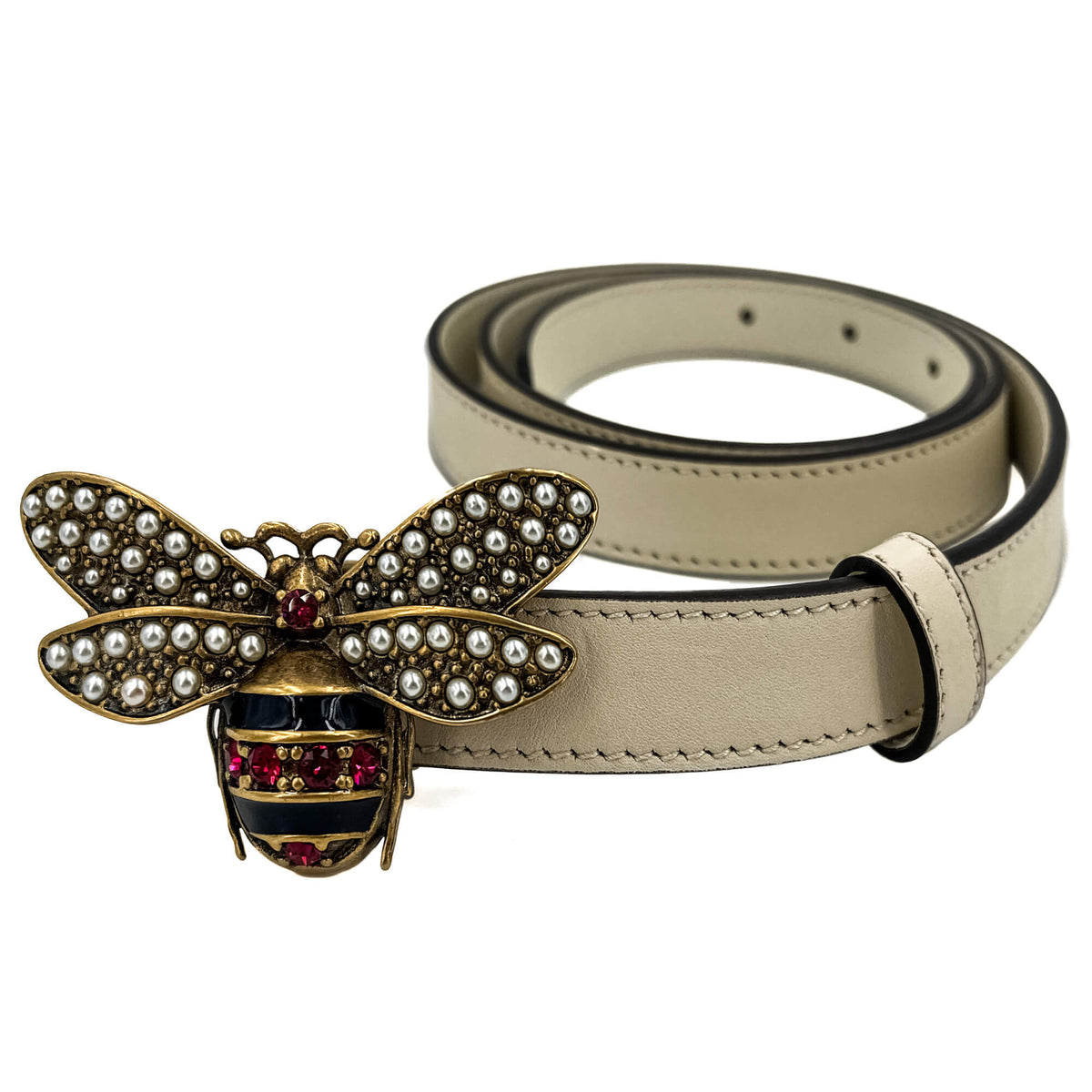 Second hand Gucci Queen Margaret Leather Thin Belt 85/34 Off - White - Tabita Bags