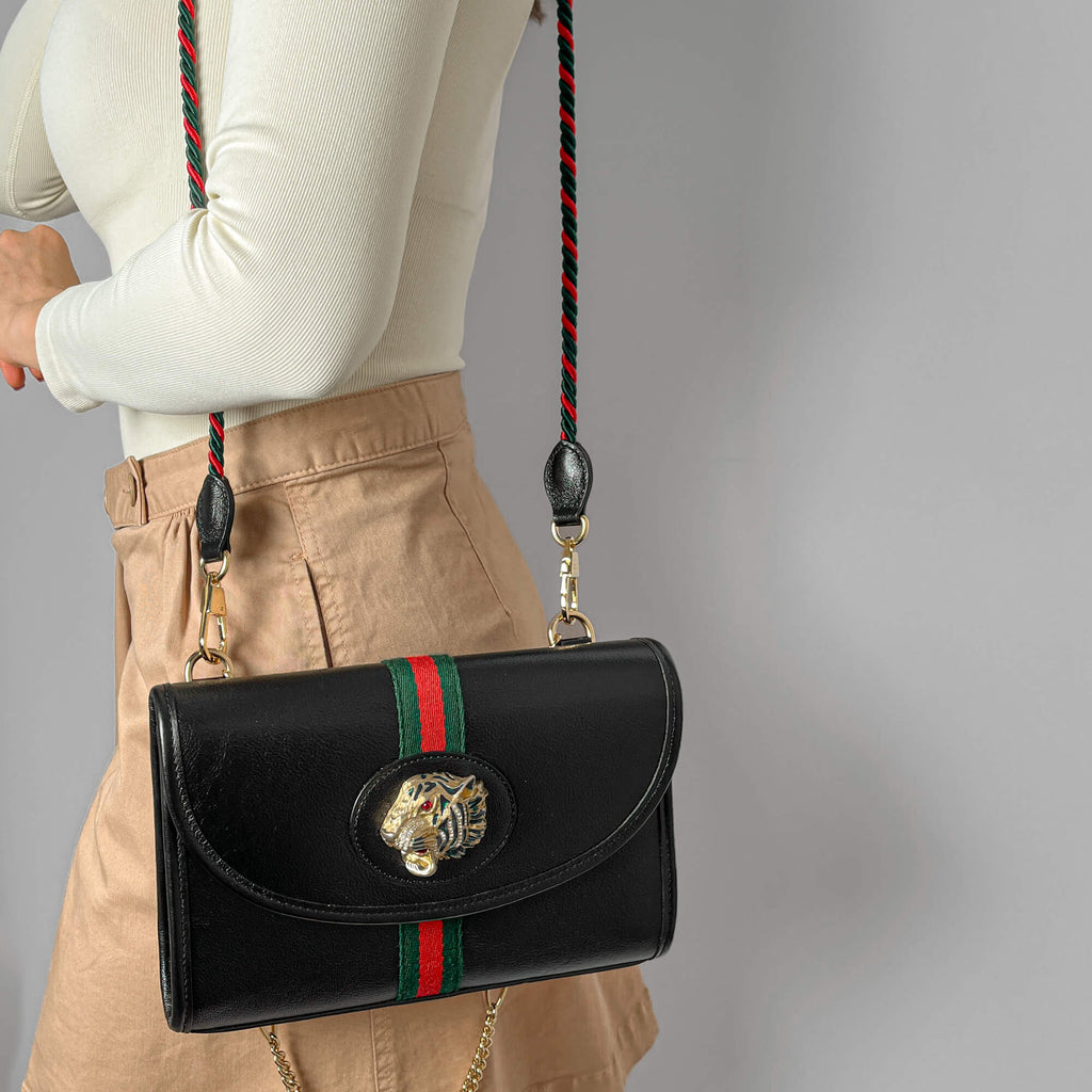 Second hand Gucci Rajah Small Striped Leather 2 - Ways Flap Shoulder Bag Black - Tabita Bags