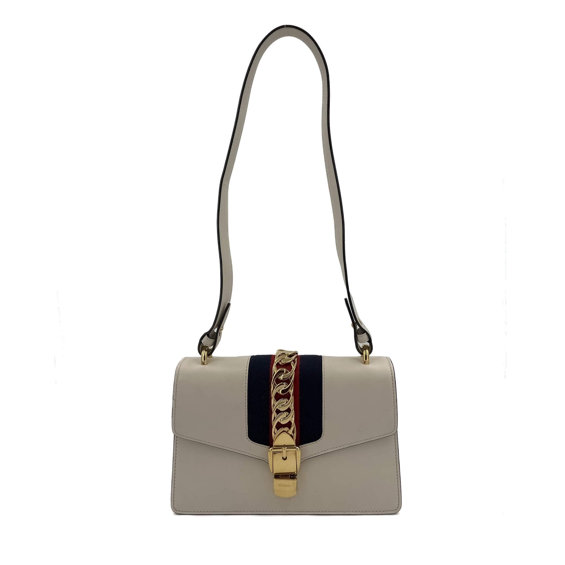 Second hand Gucci Sylvie Small Calf leather Leather 2 - Ways Flap Bag with detachable Web shoulder strap. Off - white - Tabita Bags