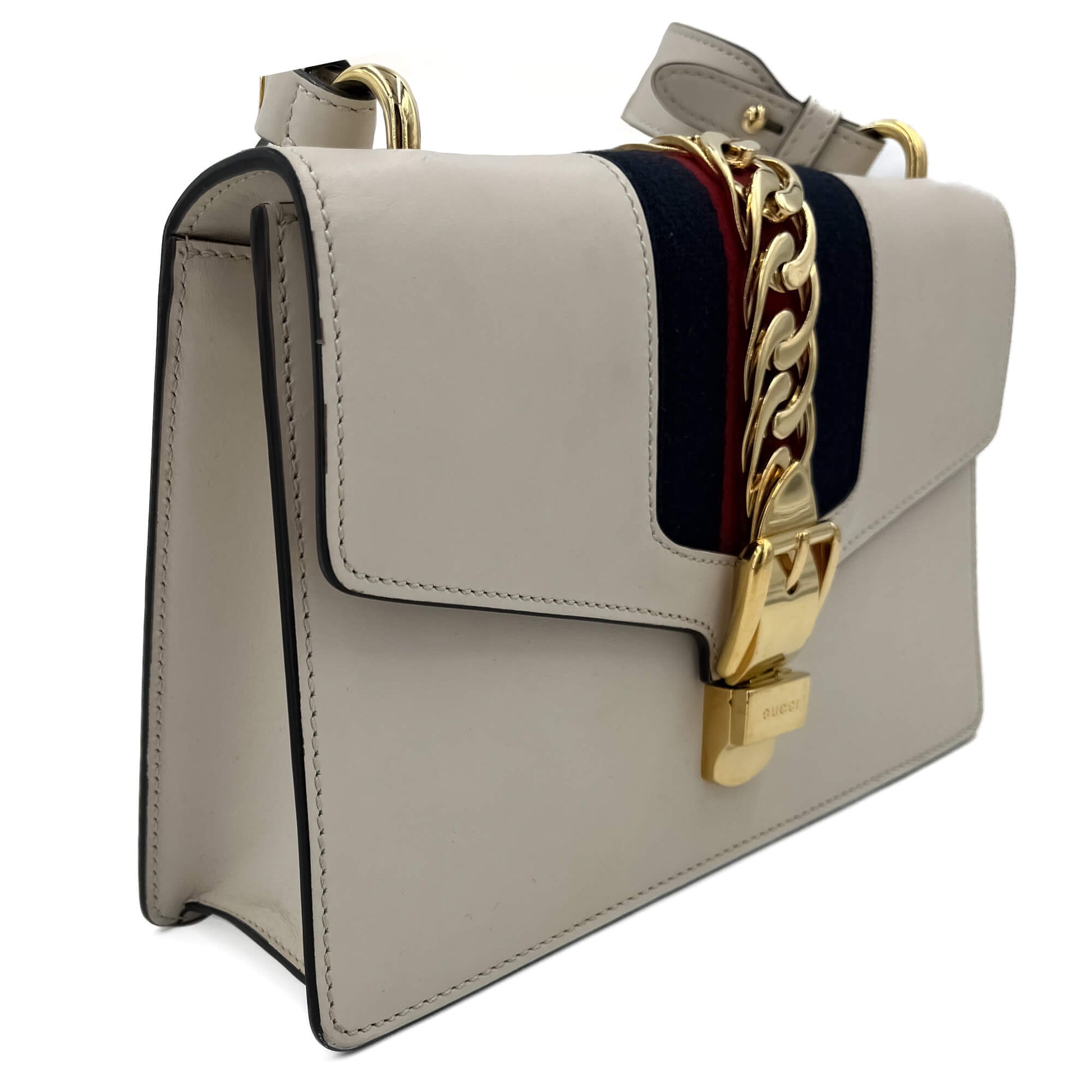 Second hand Gucci Sylvie Small Calf leather Leather 2 - Ways Flap Bag with detachable Web shoulder strap. Off - white - Tabita Bags