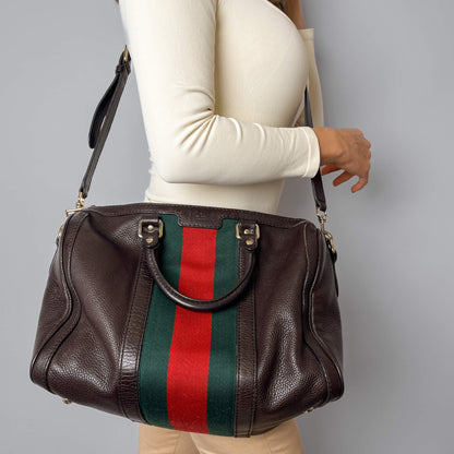 Second hand Gucci Web Boston Medium Leather 2 - Ways Trunk Crossbody Brown - Tabita Bags