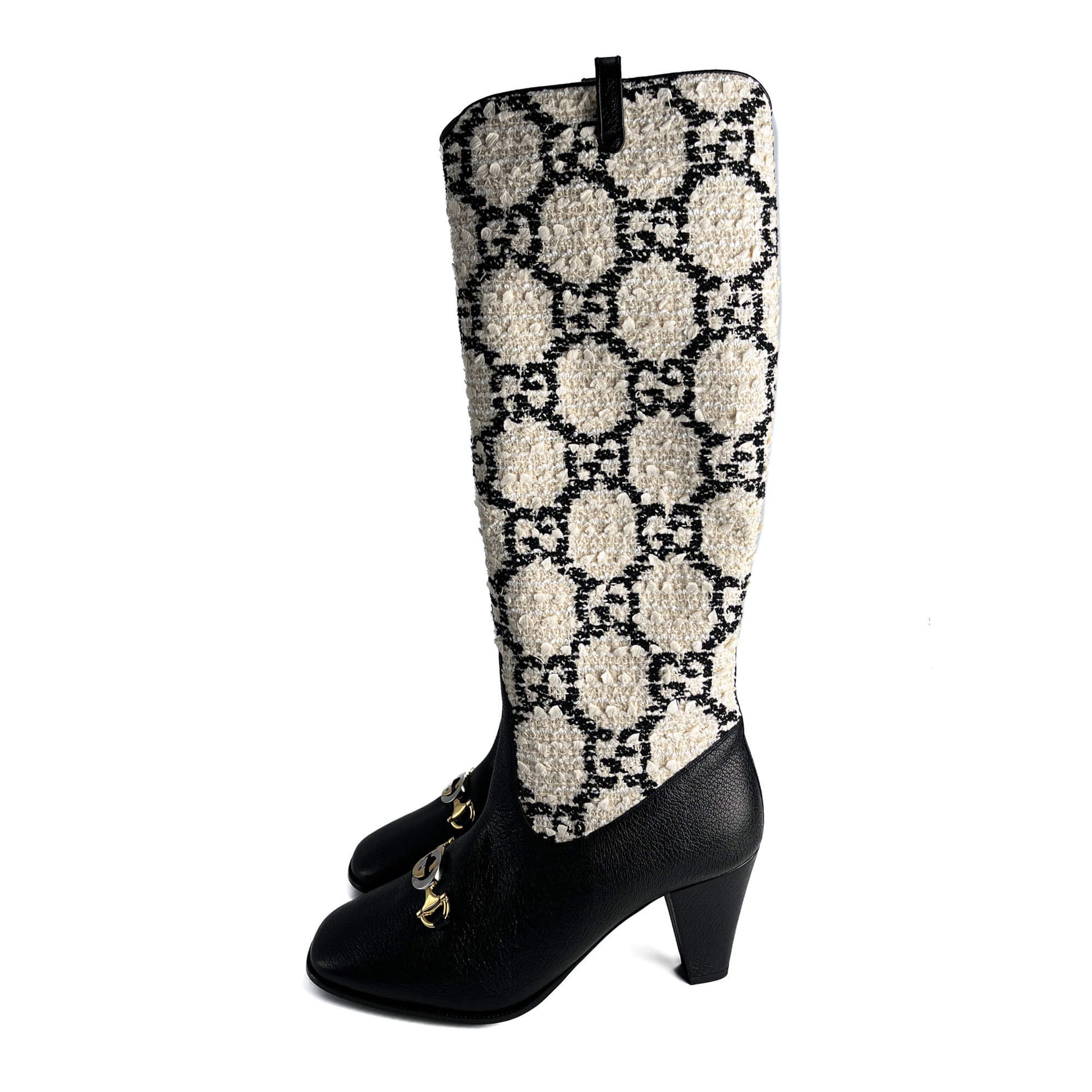 Second hand Gucci Zumi Leather & Fabric GG High Heel Boots 40 Geometric G - Tabita Bags