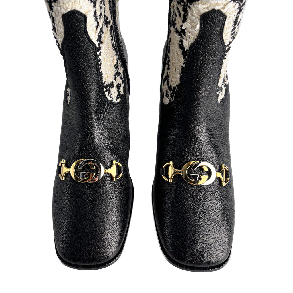Second hand Gucci Zumi Leather & Fabric GG High Heel Boots 40 Geometric G - Tabita Bags