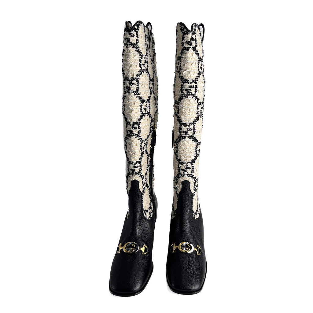 Second hand Gucci Zumi Leather & Fabric GG High Heel Boots 40 Geometric G - Tabita Bags