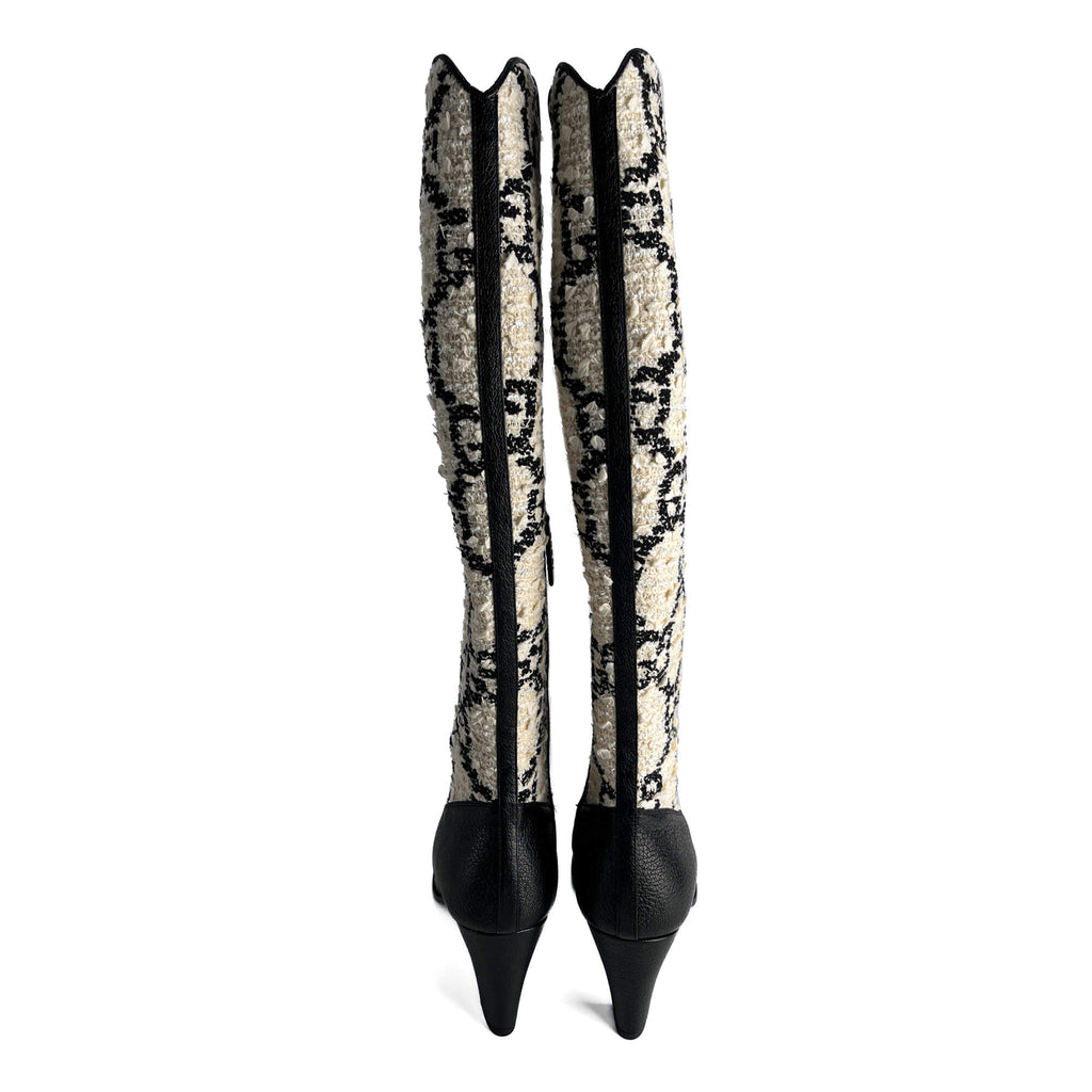 Second hand Gucci Zumi Leather & Fabric GG High Heel Boots 40 Geometric G - Tabita Bags