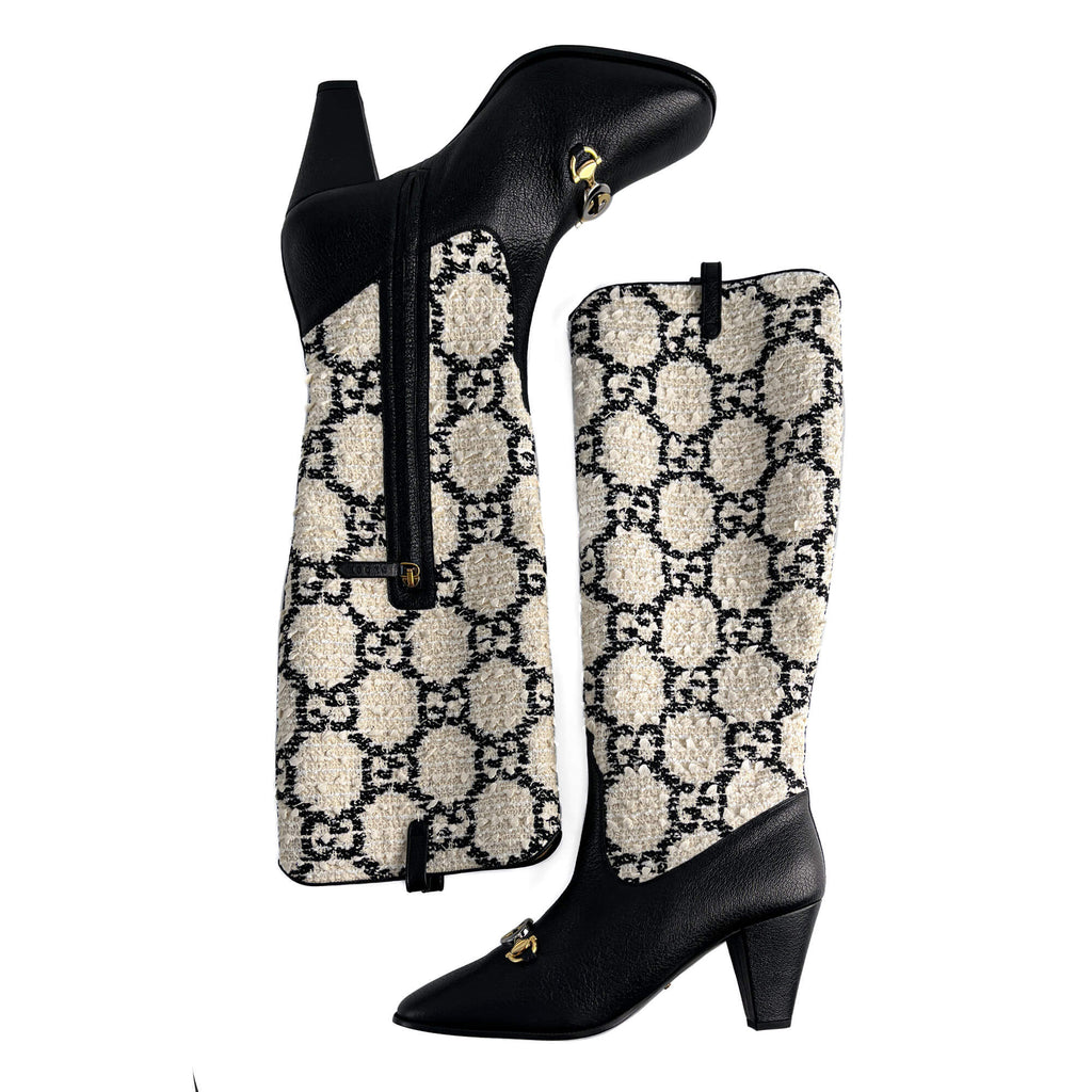 Second hand Gucci Zumi Leather & Fabric GG High Heel Boots 40 Geometric G - Tabita Bags