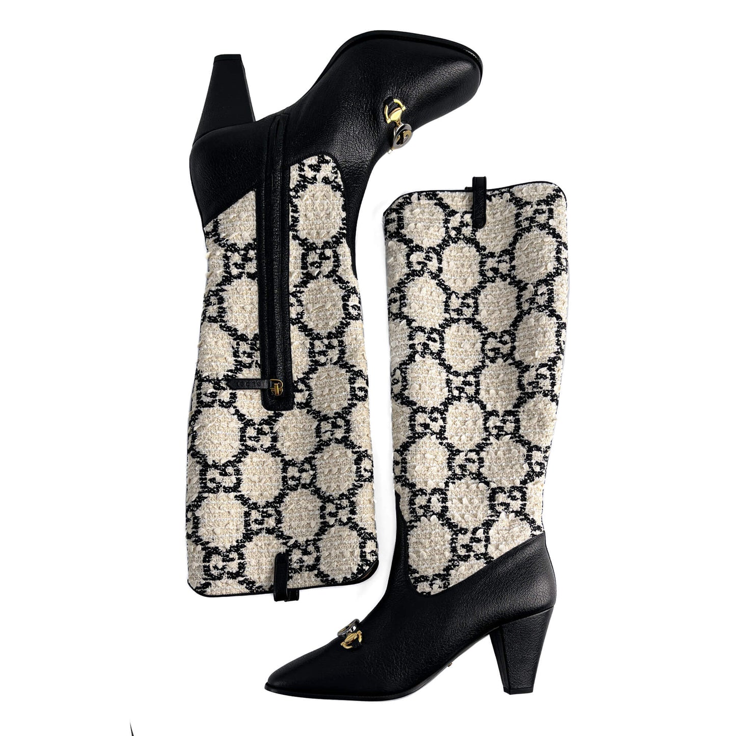 Second hand Gucci Zumi Leather & Fabric GG High Heel Boots 40 Geometric G - Tabita Bags
