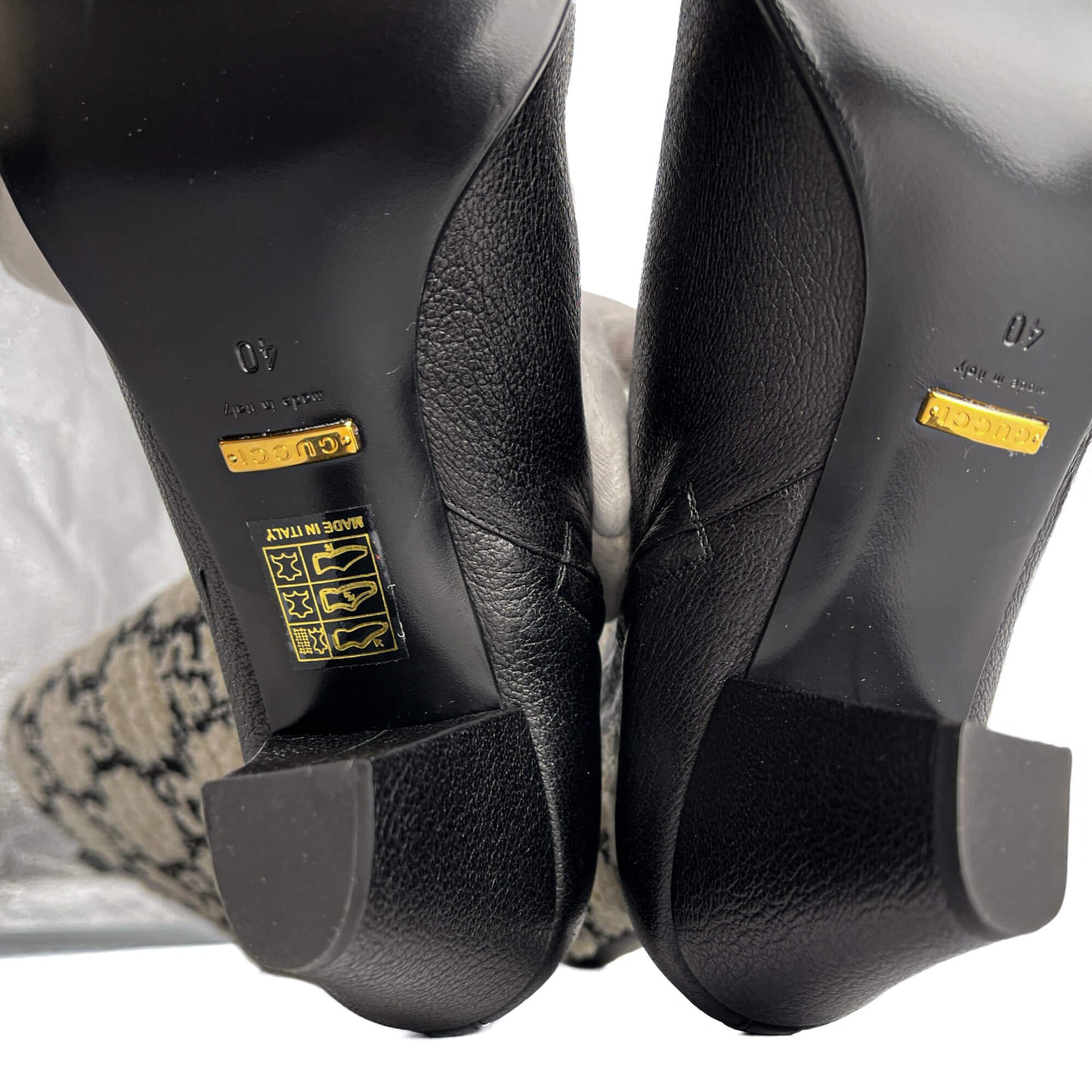 Second hand Gucci Zumi Leather & Fabric GG High Heel Boots 40 Geometric G - Tabita Bags