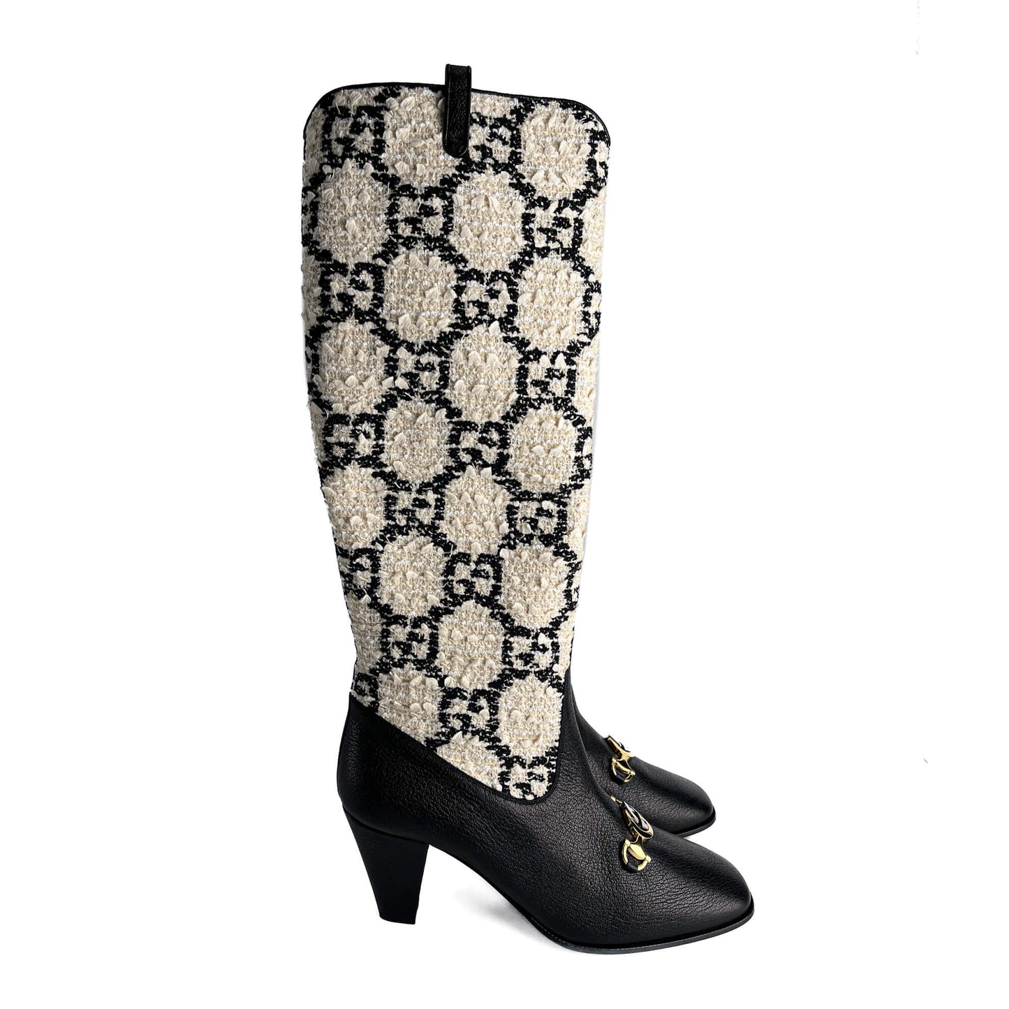 Second hand Gucci Zumi Leather & Fabric GG High Heel Boots 40 Geometric G - Tabita Bags