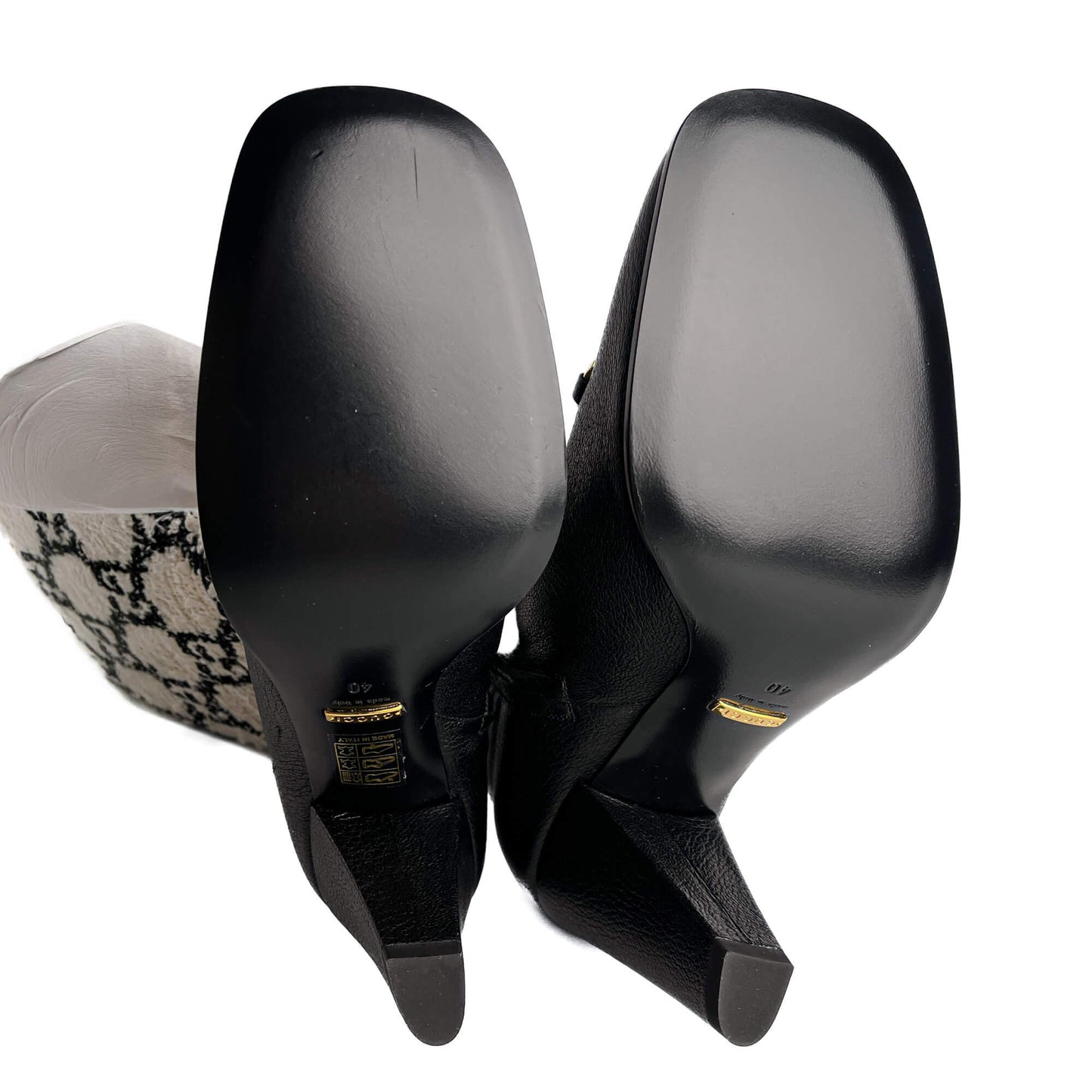 Second hand Gucci Zumi Leather & Fabric GG High Heel Boots 40 Geometric G - Tabita Bags