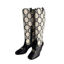 Second hand Gucci Zumi Leather & Fabric GG High Heel Boots 40 Geometric G - Tabita Bags