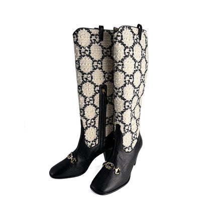 Second hand Gucci Zumi Leather & Fabric GG High Heel Boots 40 Geometric G - Tabita Bags