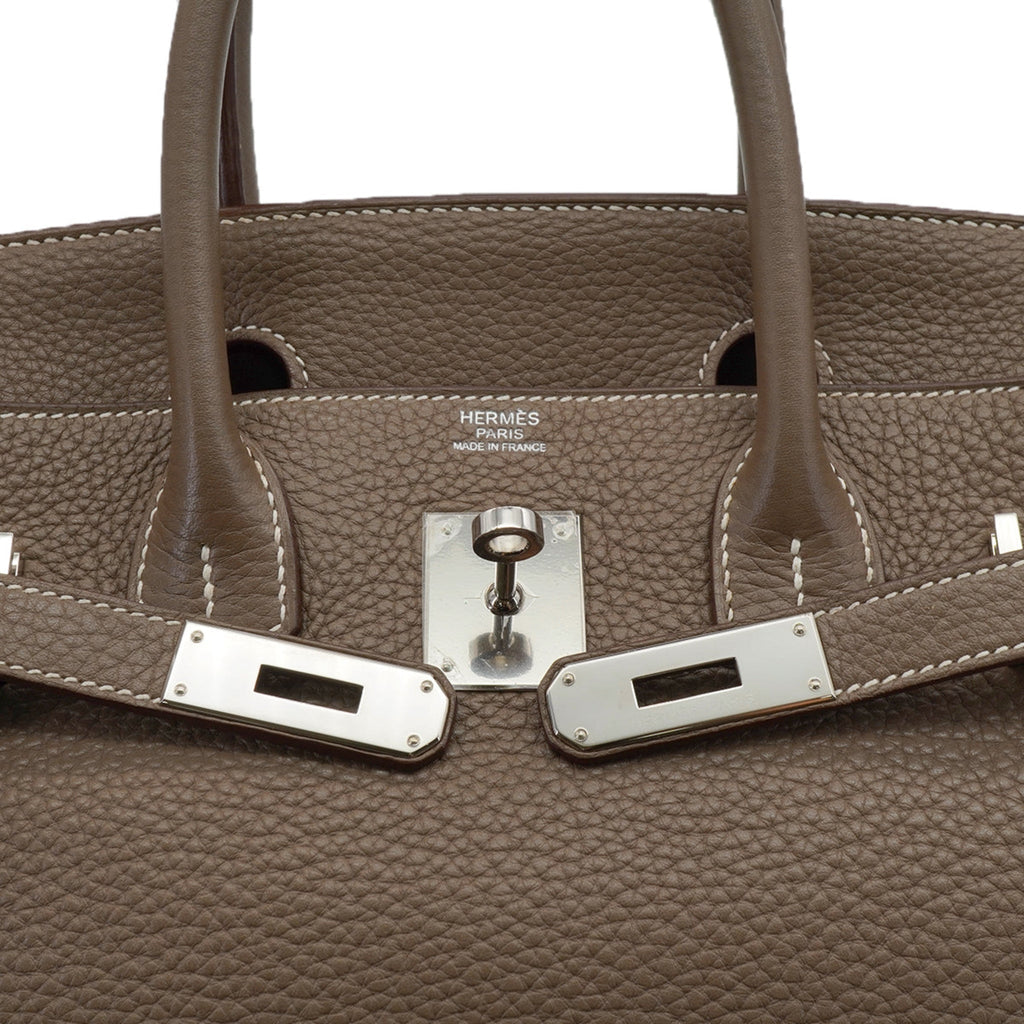Second hand Hermes Birkin 30 Taurillon Clemence Leather Top-handle Bag Etoupe - Tabita Bags