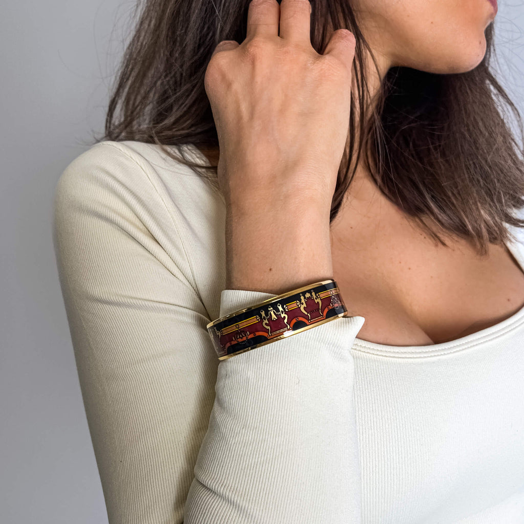 Second hand Hermes Emanel Gold Plated Metal Bracelet Red Horse Carriage Multicolor - Tabita Bags