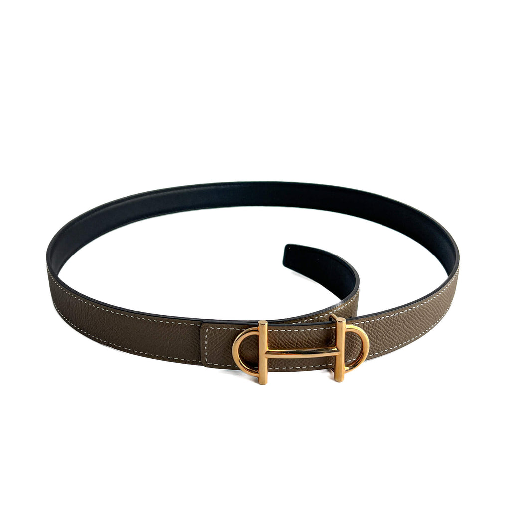 Second hand Hermes Gamma Leather Reversible Thin Belt 80 Etoupe - Tabita Bags
