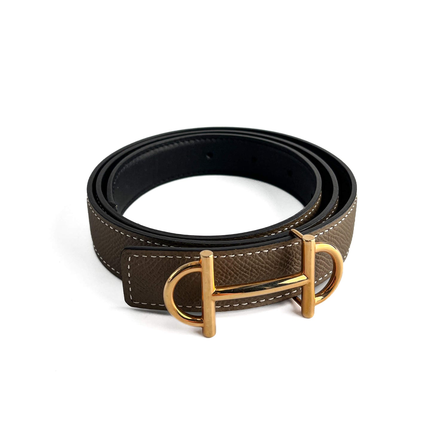 Second hand Hermes Gamma Leather Reversible Thin Belt 80 Etoupe - Tabita Bags